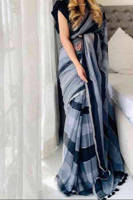 MU-CHARCOAL: Monochrome Metallic Saree: