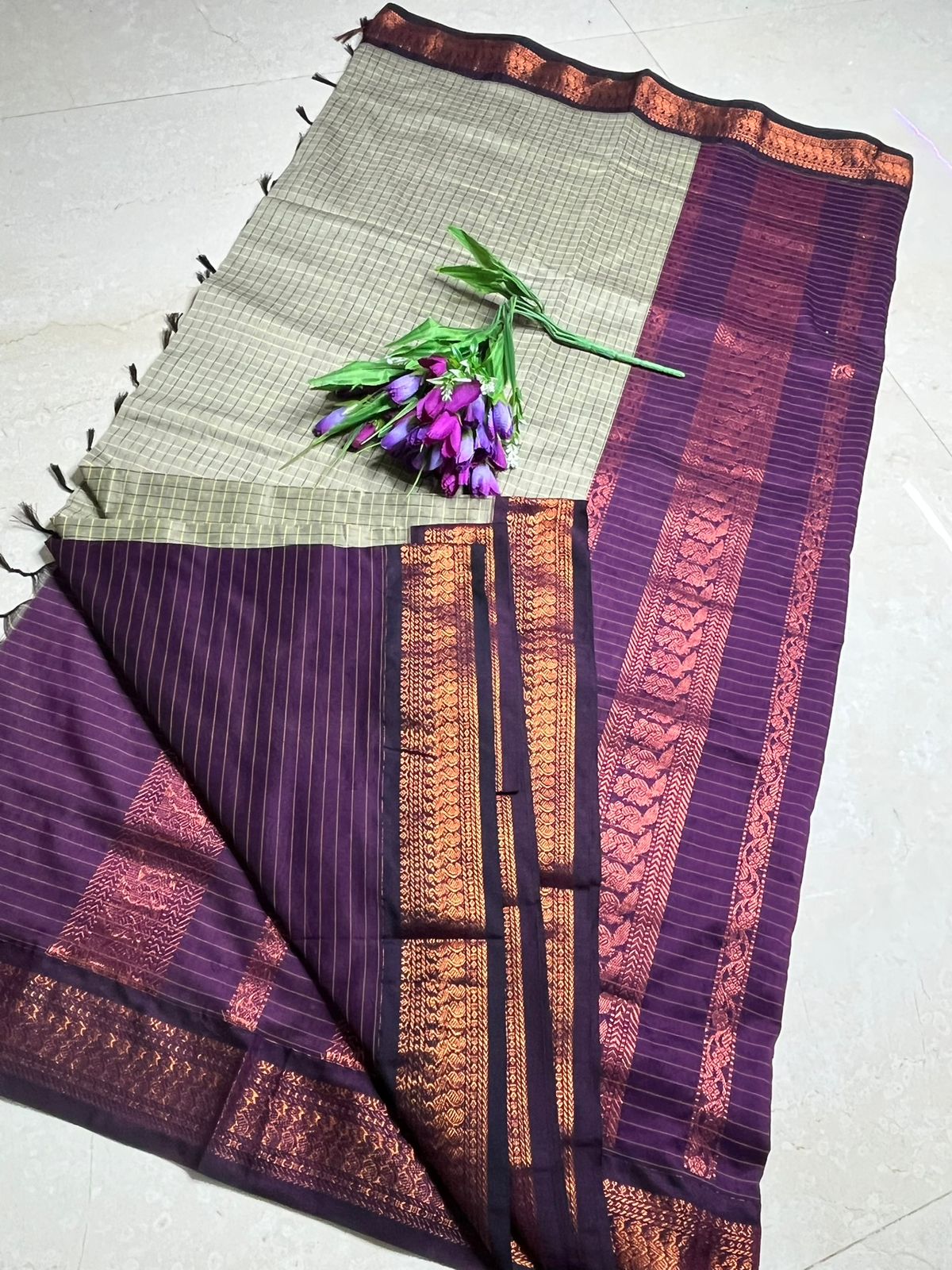 Checked Kalyani Cotton Saree Beige with Purple Border