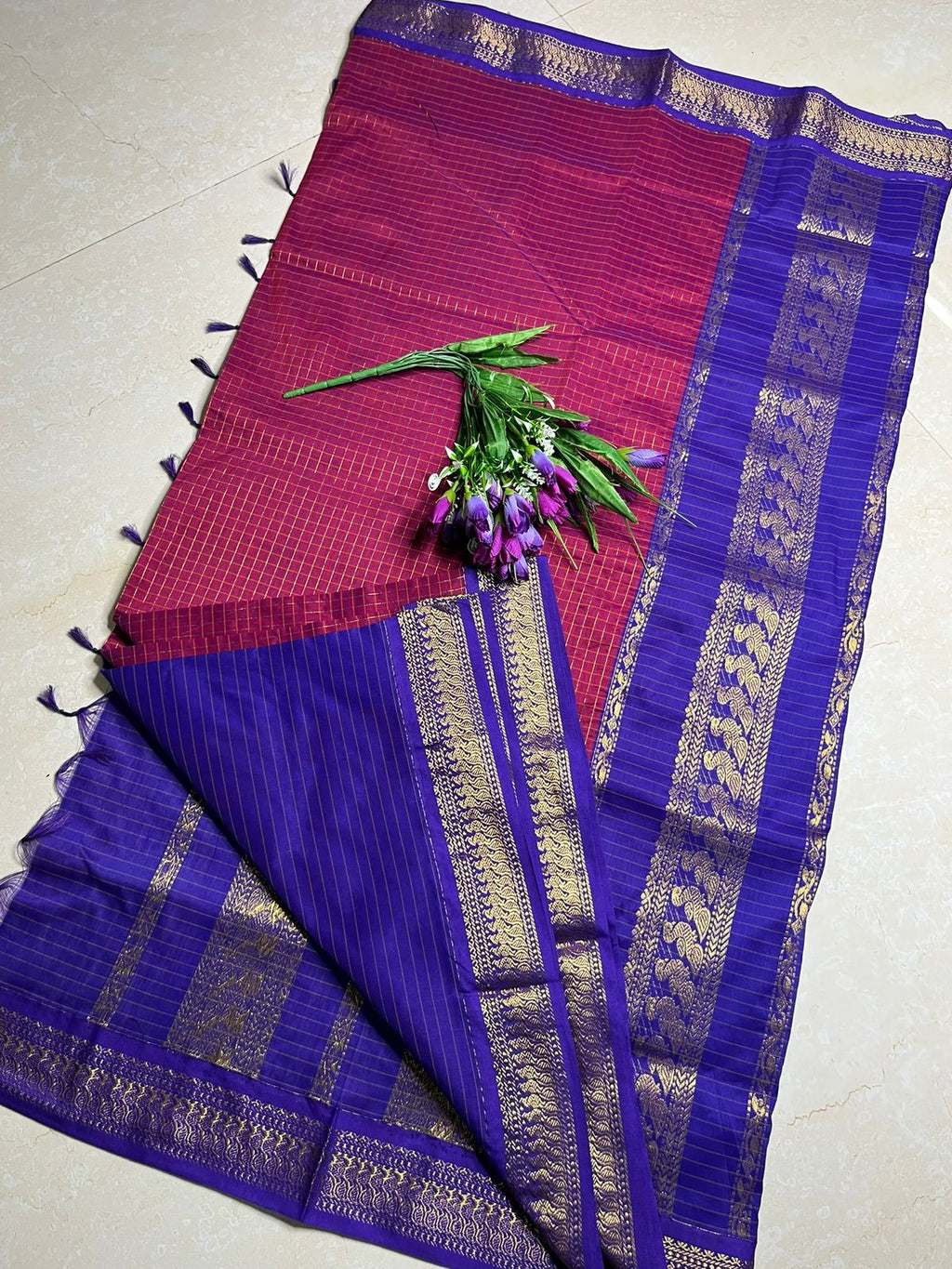 Checked Kalyani Cotton Magenta with Indigo Border