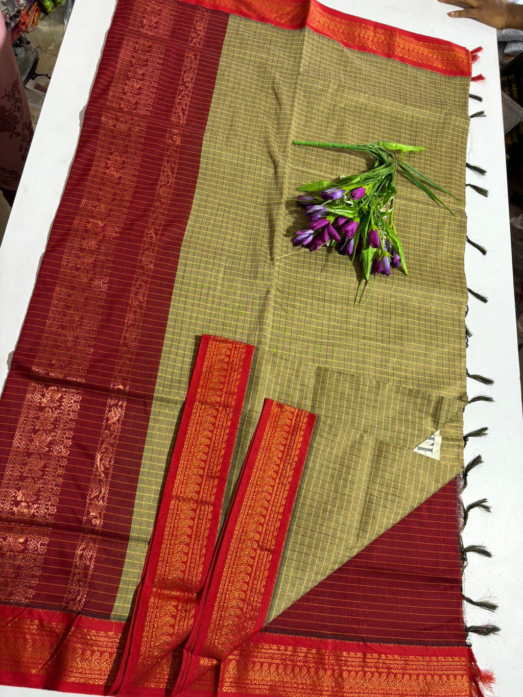 Checked Kalyani Cotton Saree Beige with Red Border