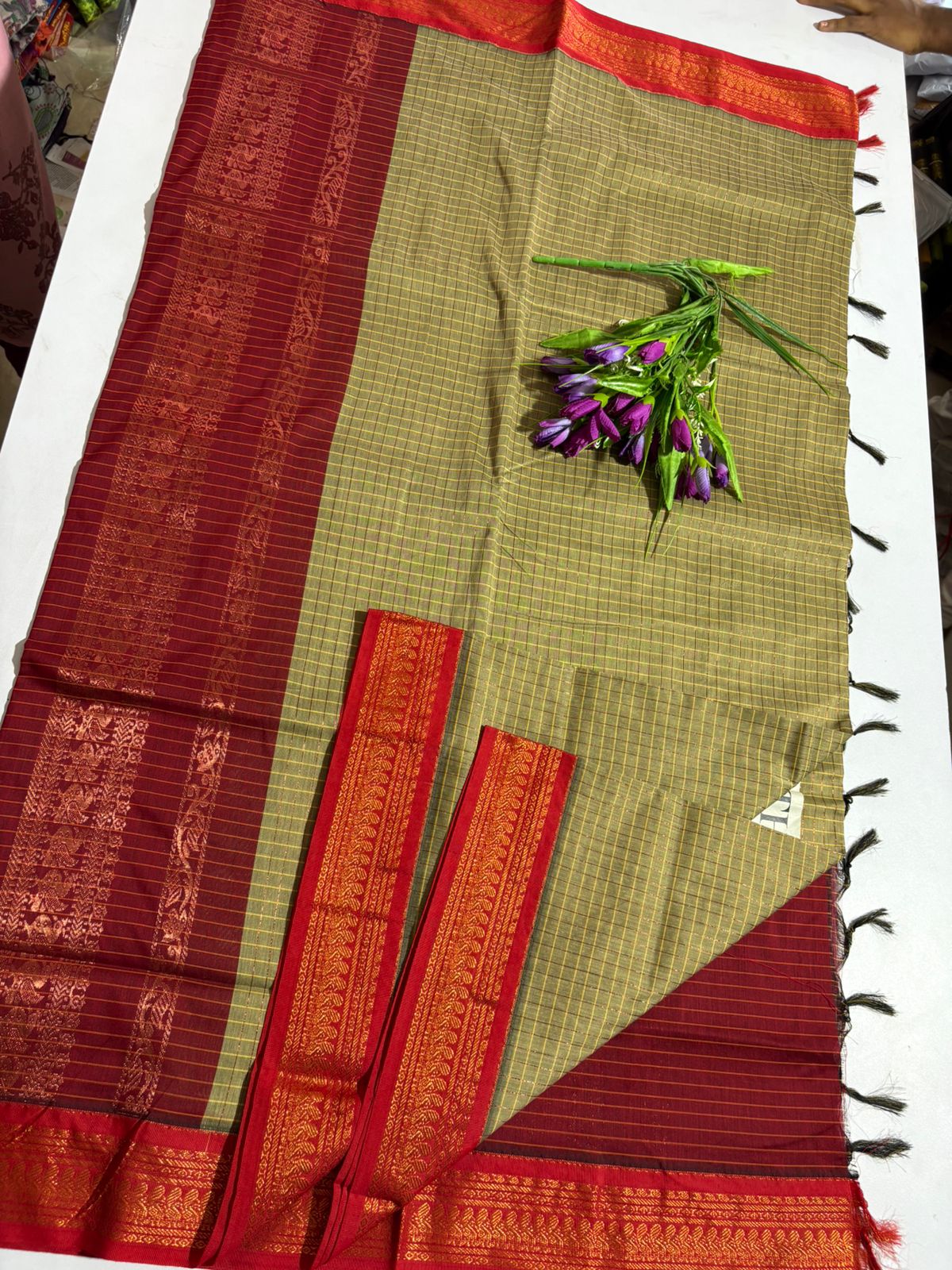 Checked Kalyani Cotton Saree Beige with Red Border