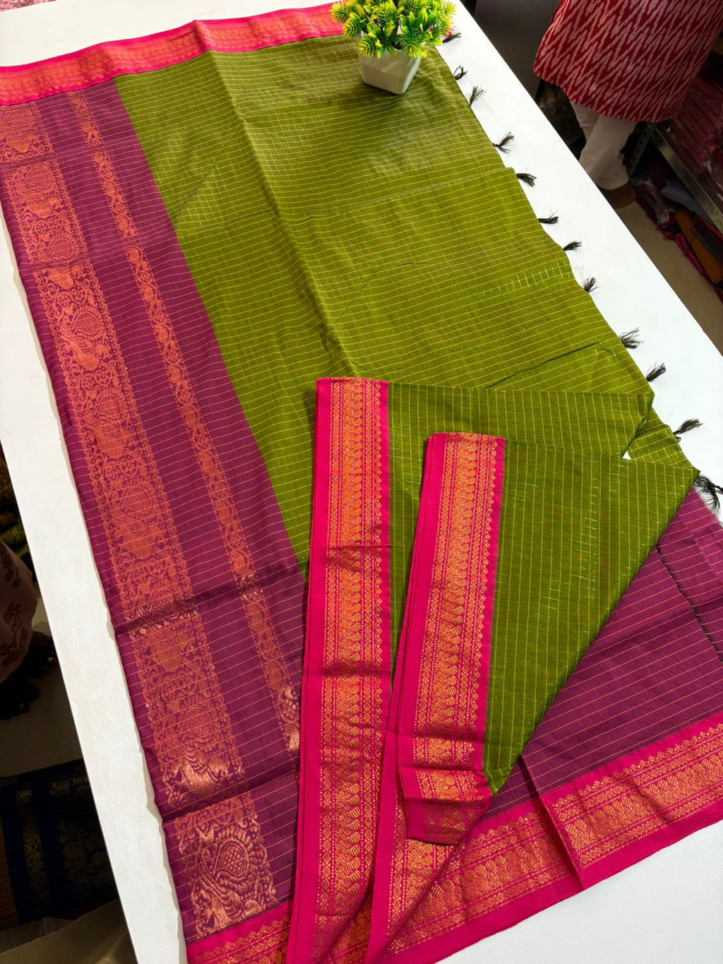 Checked Kalyani Cotton Saree Bright Olive Green with Deep Magenta Border
