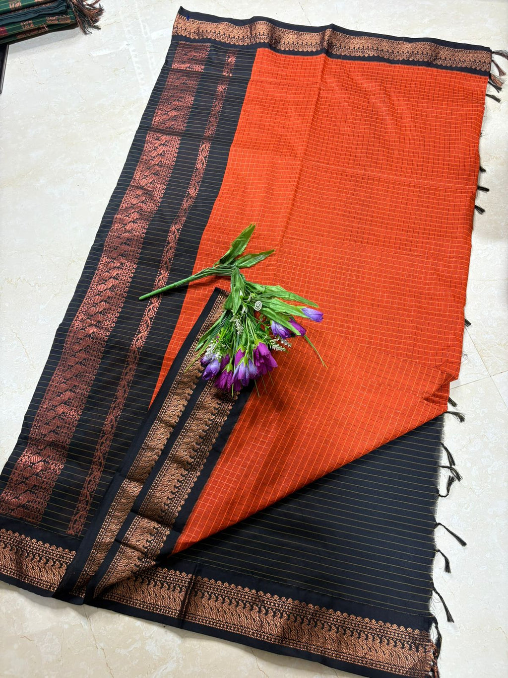 Checked Kalyani Cotton Saree Rust Orange with Black Border