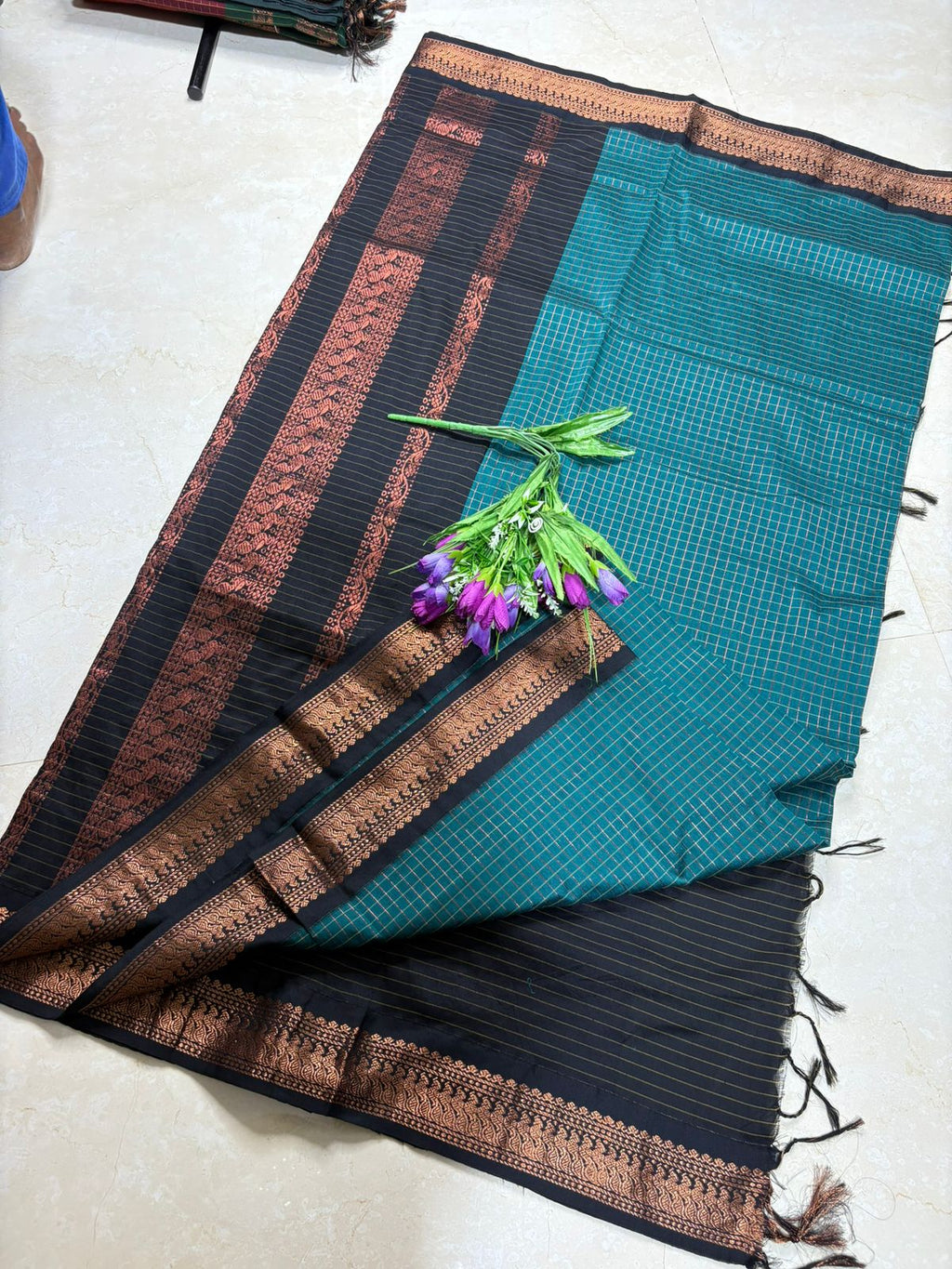 Checkered Kalyani Cotton Saree Teal with Black Border