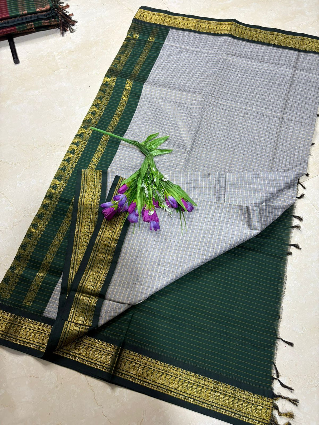 Checked Kalyani Cotton Saree Grey with Green Border
