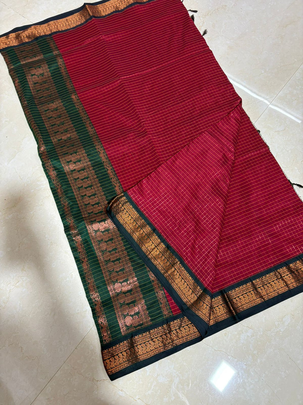 Checked Kalyani Cotton Red with Dark Green Border