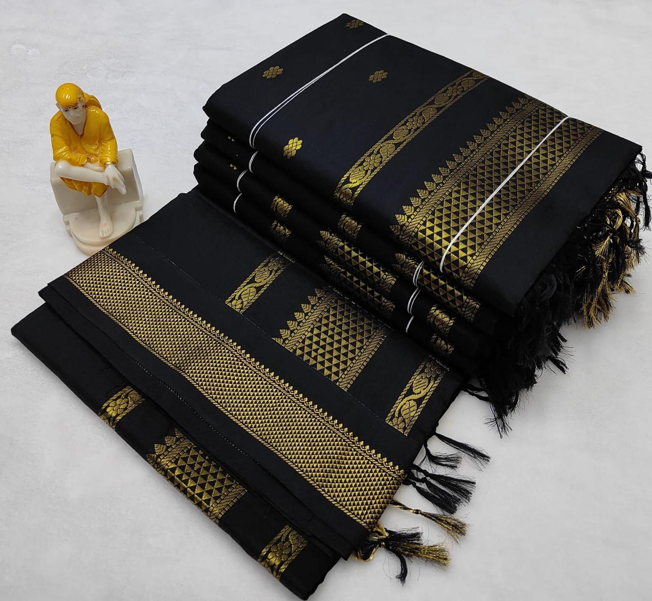 KLY-KALYANI: Elegant Black & Gold Kalyani Cotton Saree with Zari Border