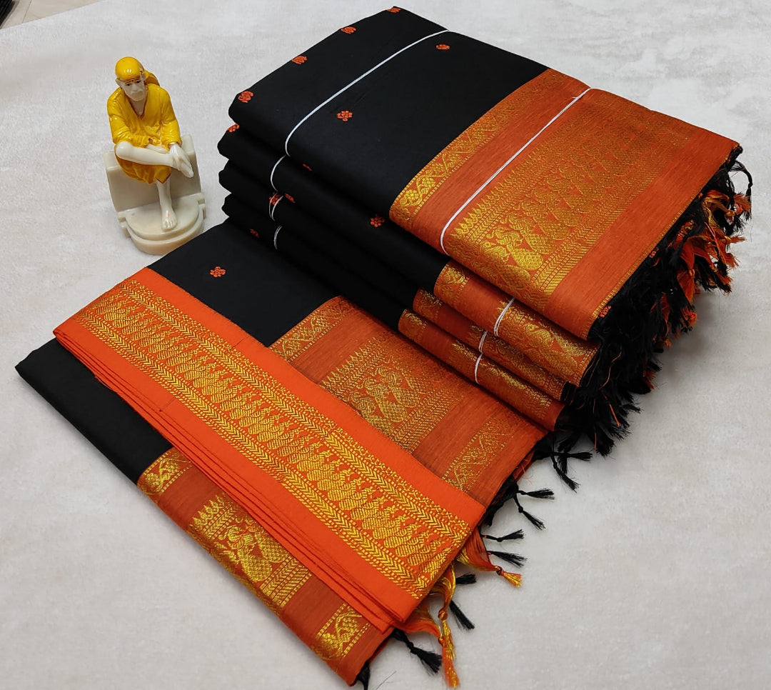 KLY-SHRUTY: Black & Orange Kalyani Cotton Saree with Rich Golden Zari Border