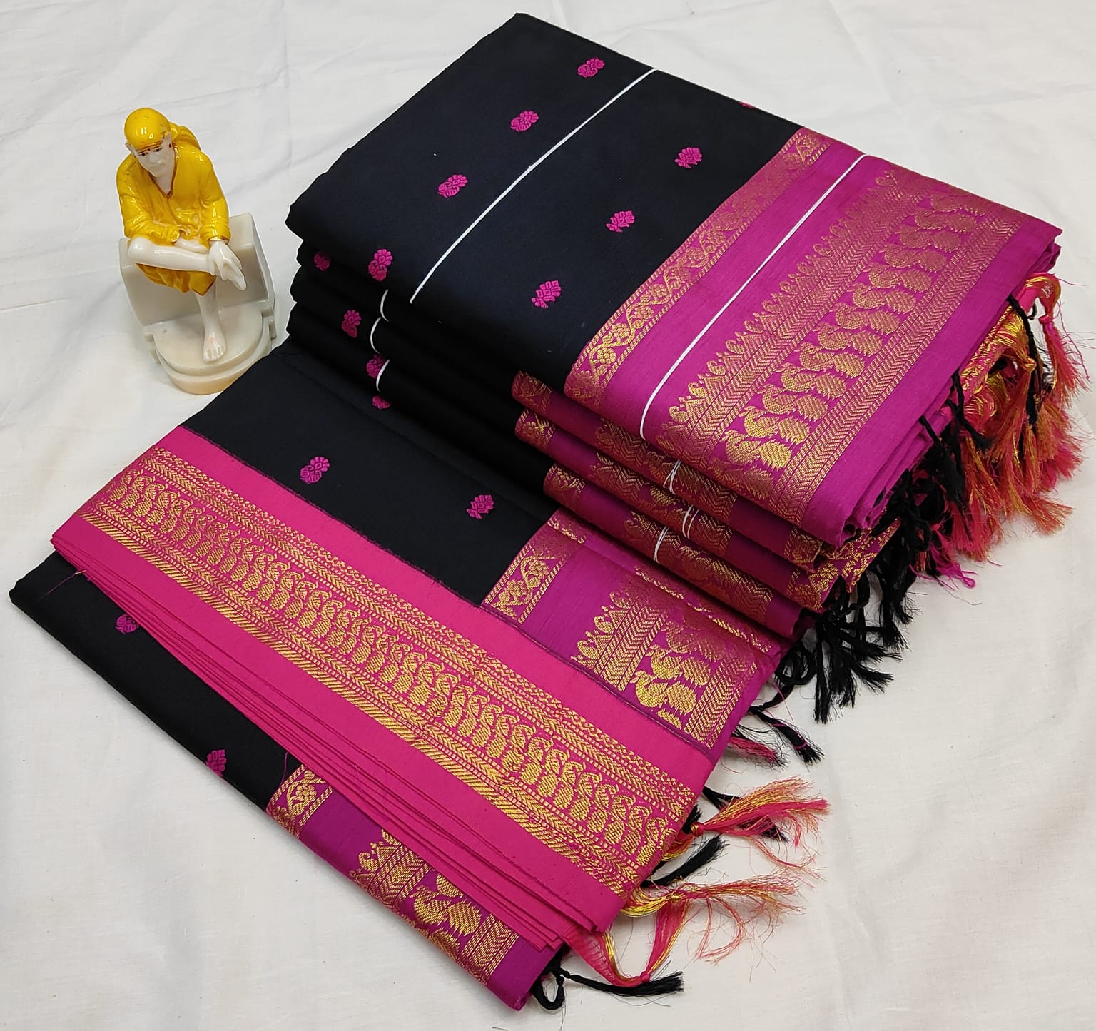 KLY-KRIPA: Black & Magenta Kalyani Cotton Saree with Golden Zari Border