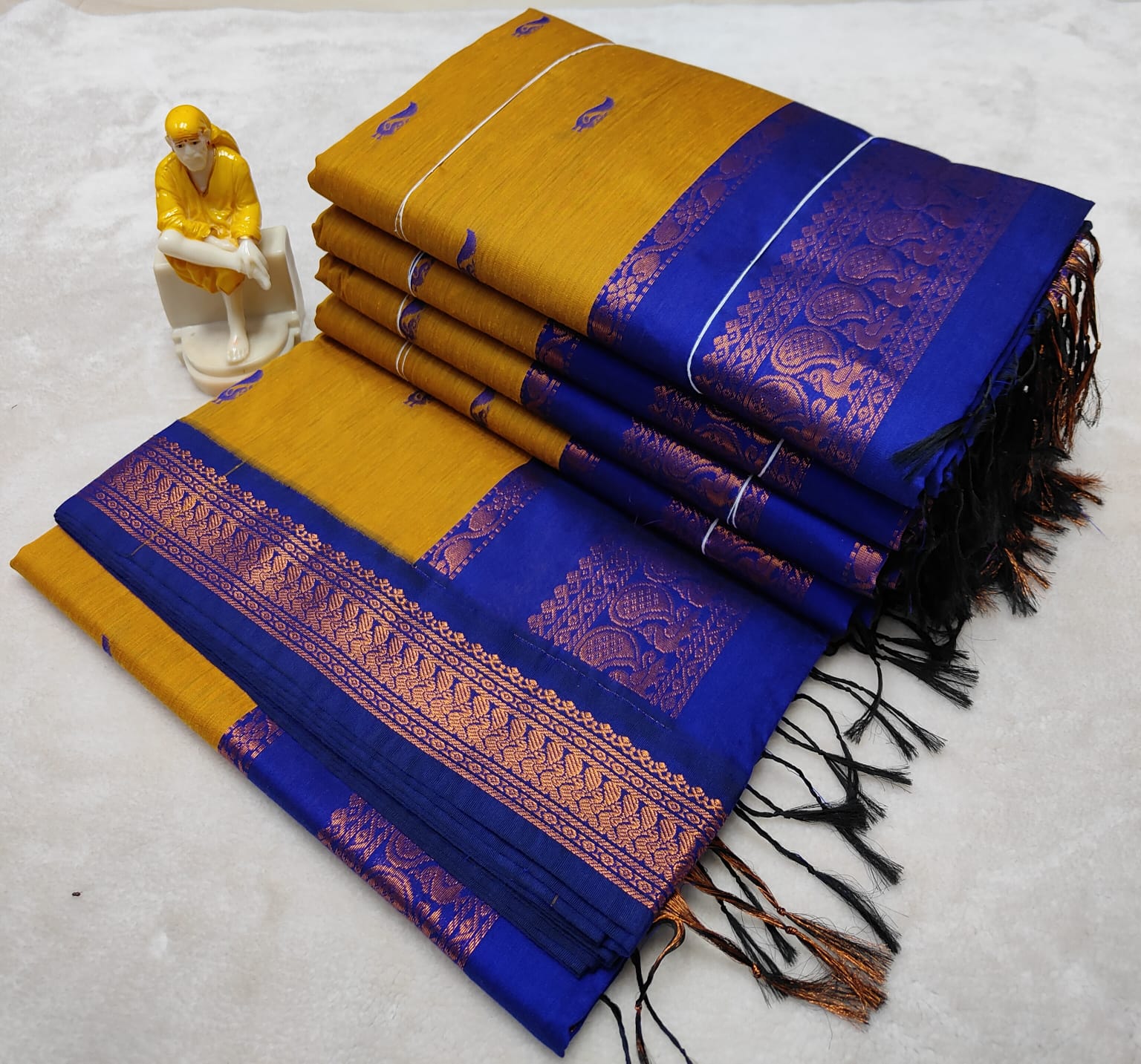 KLY-NANDANA: Mustard and Blue Kalyani Cotton Saree
