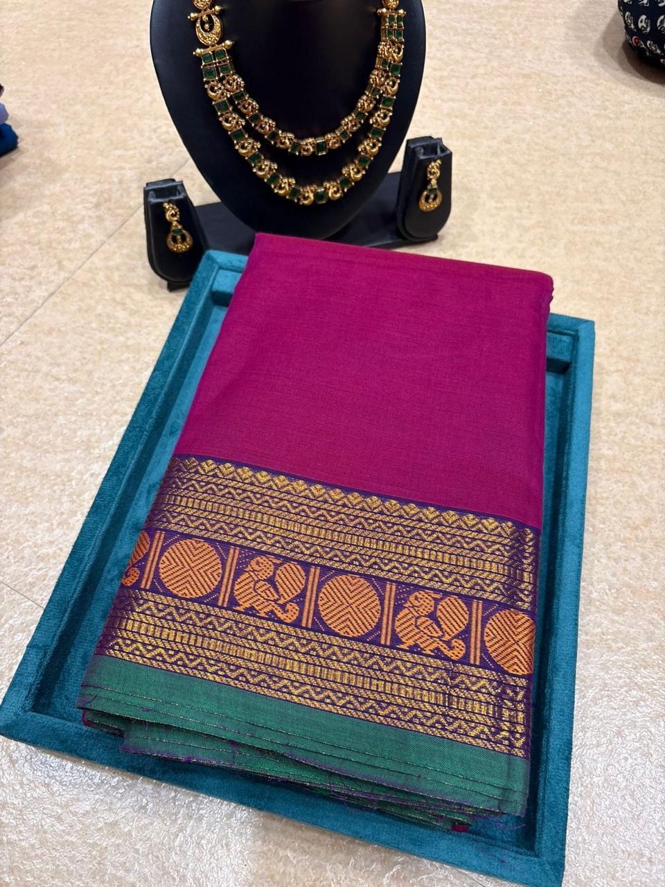 CH-PUSHPA: Magenta Chettinad Cotton Saree with Traditional Border