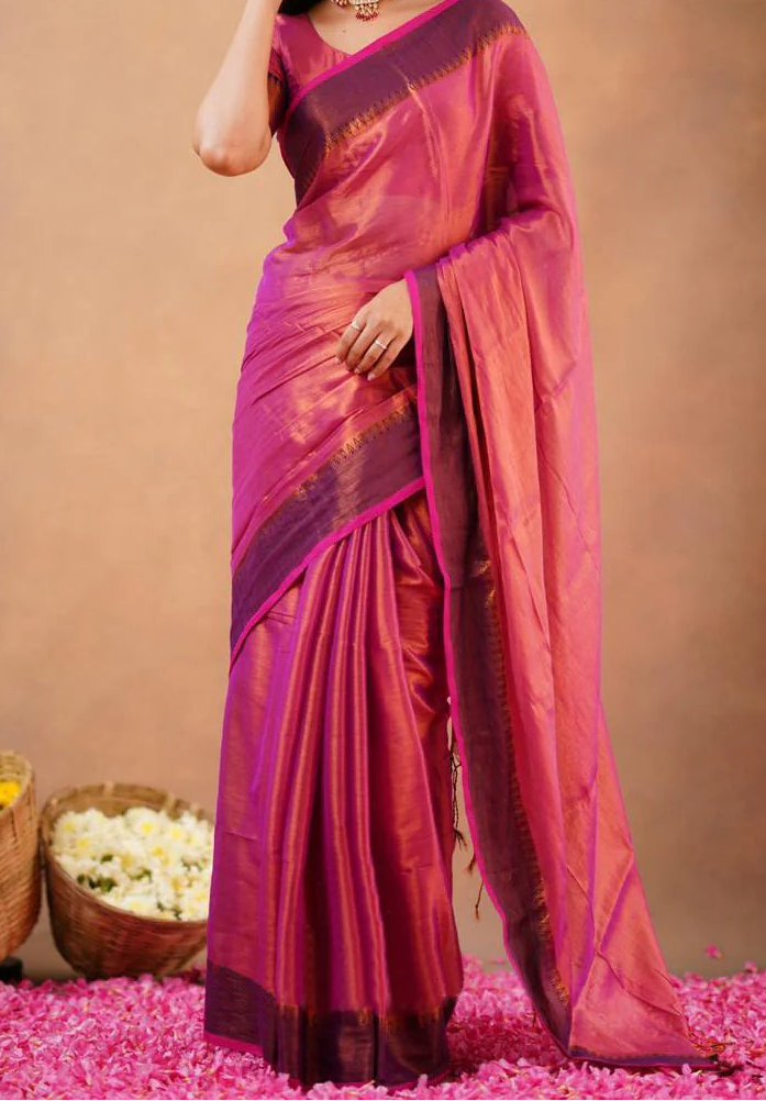 Ranga Tissue Saree with Temple Border Copper Pink