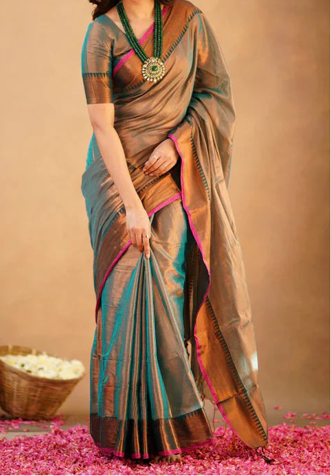 Ranga Tissue Saree with Temple Border Copper