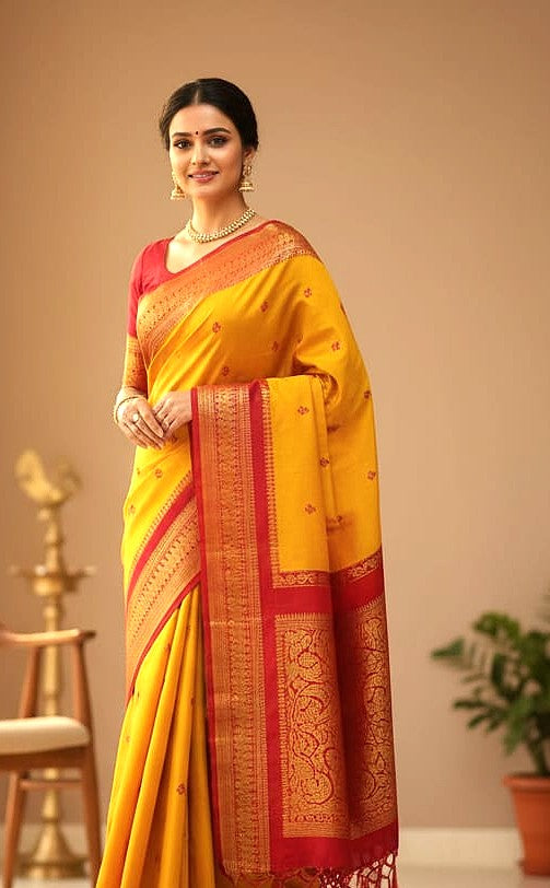 Kalyani Cotton Saree Yellow with Red Border