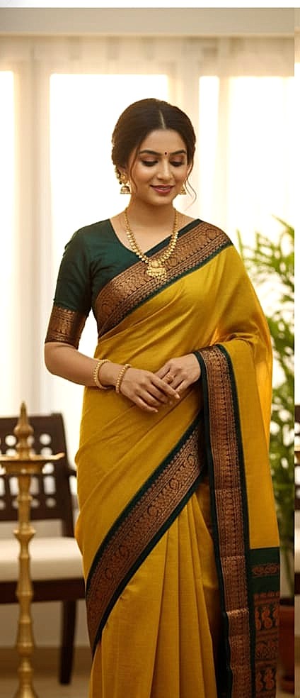Kalyani Cotton Sarees Yellow with Green Border