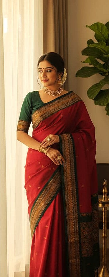 Kalyani Cotton Red with Green Border