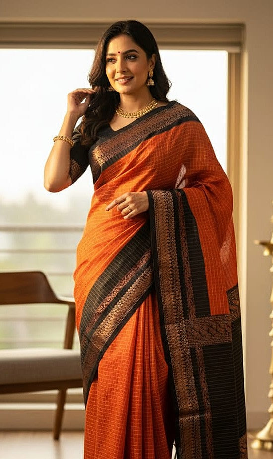 Checked Kalyani Cotton Saree Rust Orange with Black Border