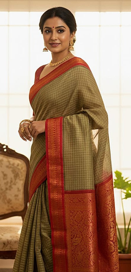 Checked Kalyani Cotton Saree Beige with Red Border