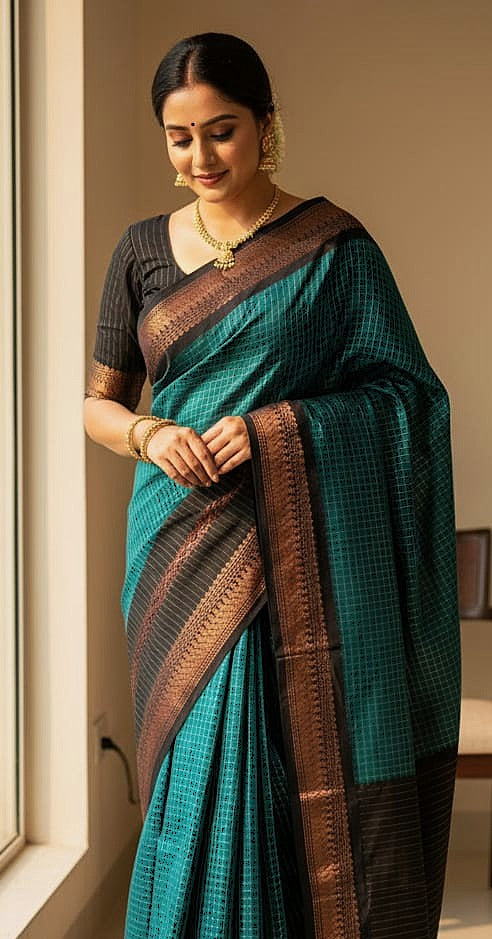Checkered Kalyani Cotton Saree Teal with Black Border