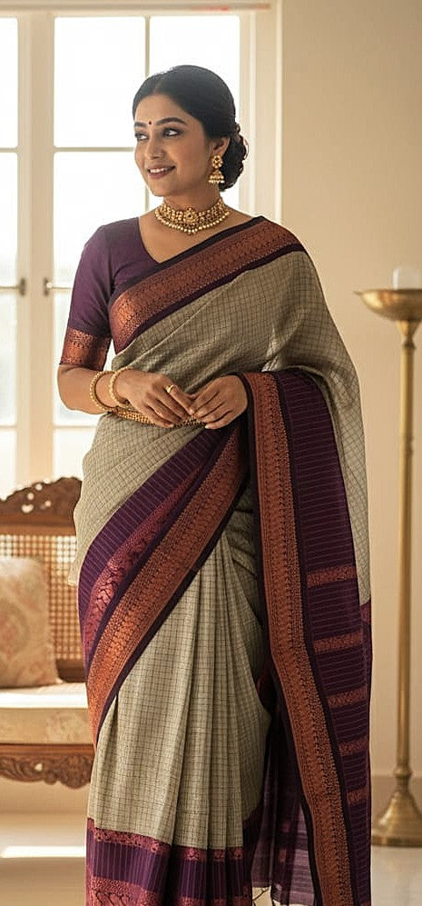 Checked Kalyani Cotton Saree Beige with Purple Border