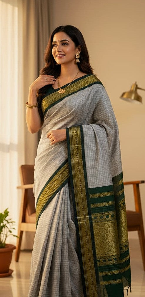 Checked Kalyani Cotton Saree Grey with Green Border