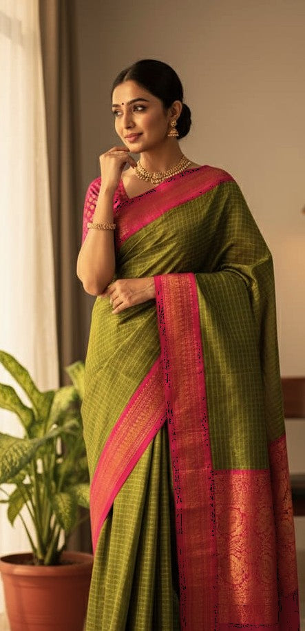 Checked Kalyani Cotton Saree Bright Olive Green with Deep Magenta Border