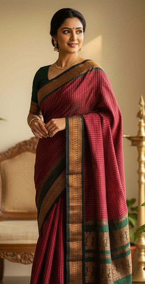 Checked Kalyani Cotton Red with Dark Green Border