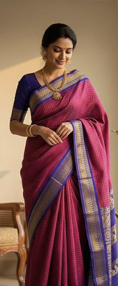 Checked Kalyani Cotton Magenta with Indigo Border