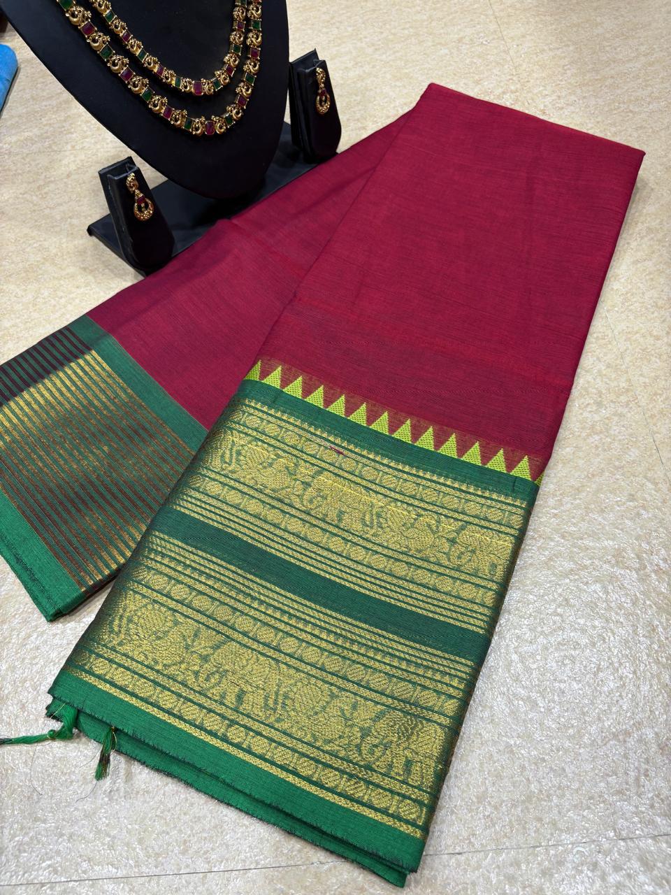 KC-TARA:  Maroon Kanchi Cotton Saree with Green Zari Border