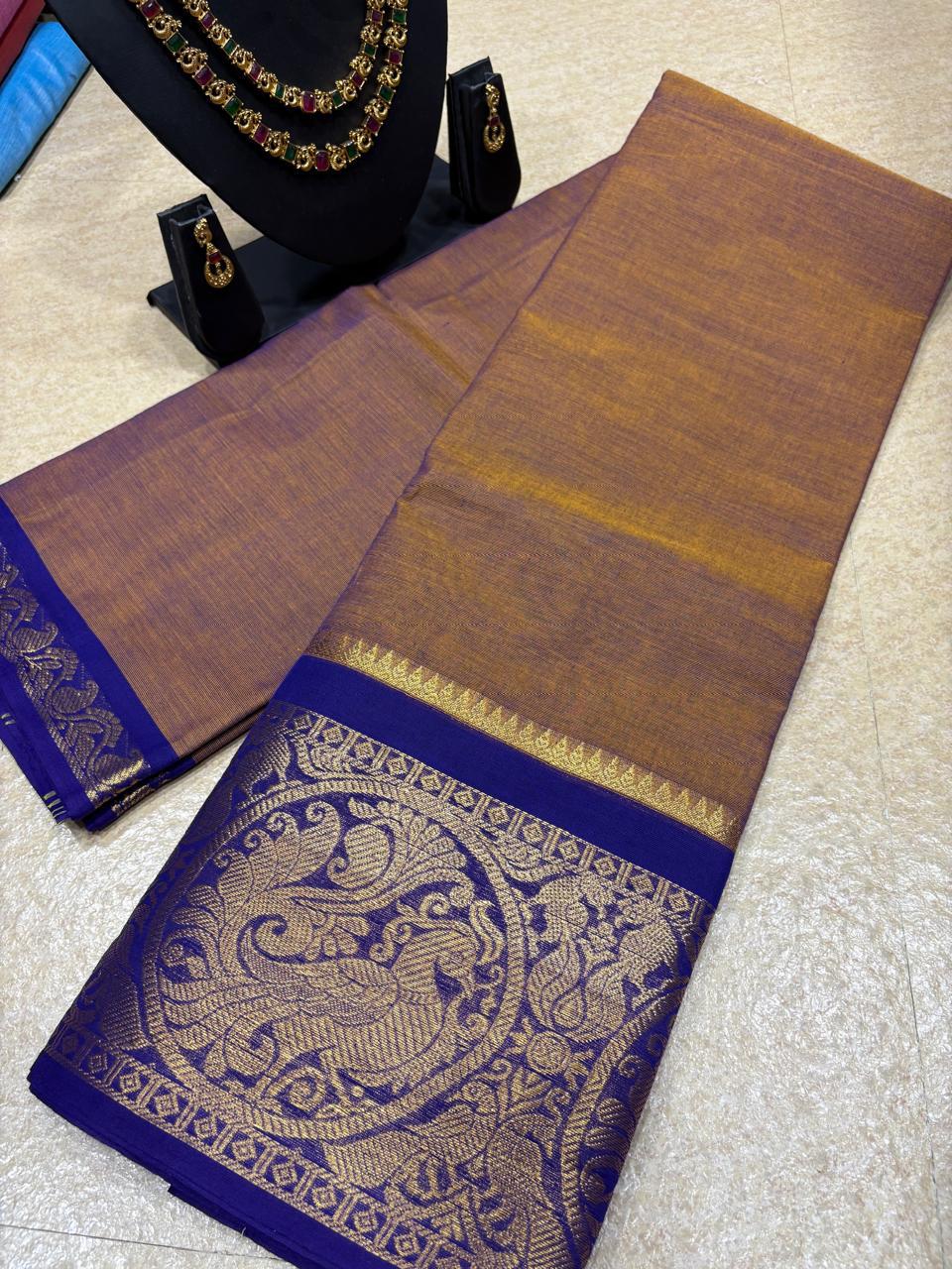 KC-Varnika – Royal Bronze Kanchi Cotton Saree with Violet Zari Border