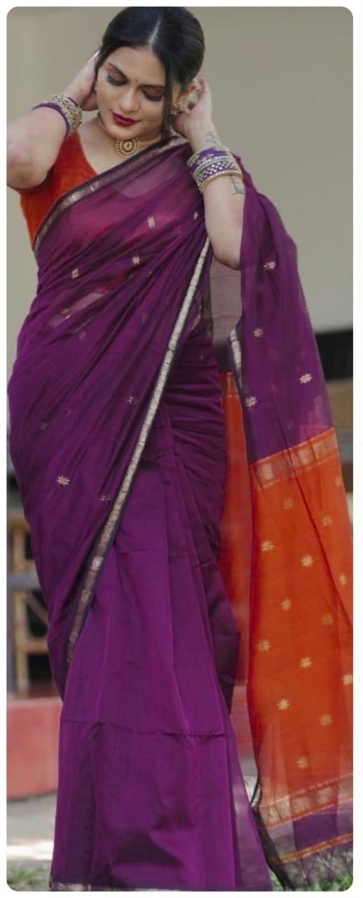 MS-RUKMI: Plum Purple & Orange Maheshwari Silk Saree