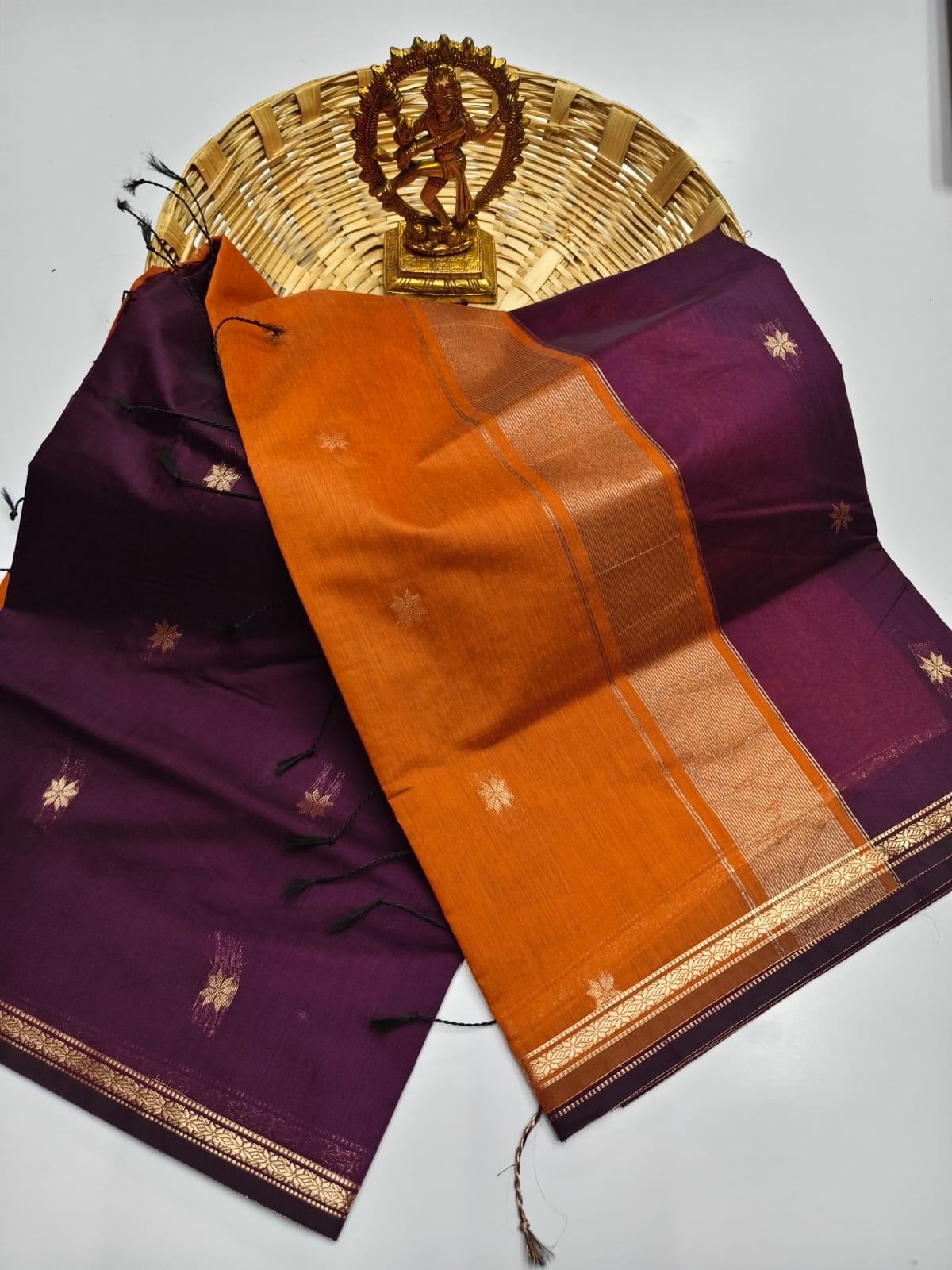 MS-RUKMI: Plum Purple & Orange Maheshwari Silk Saree