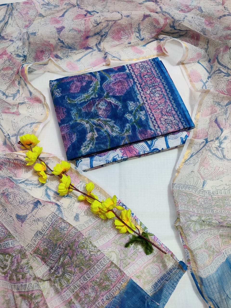 KD-HBPRINT-3PC-039: Hand Block Print Kota Doria Suit Set with Dupatta & Cotton Bottom – Traditional 3-Piece Suit