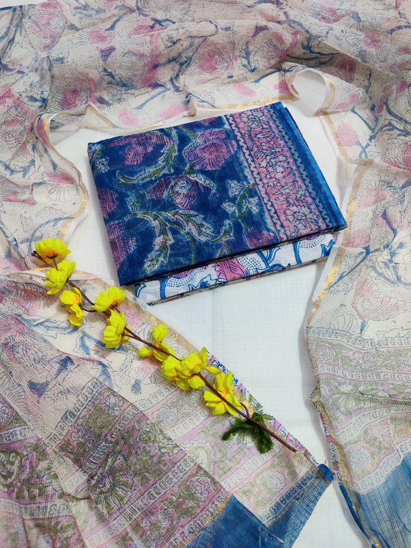 KD-HBPRINT-3PC-039: Hand Block Print Kota Doria Suit Set with Dupatta & Cotton Bottom – Traditional 3-Piece Suit