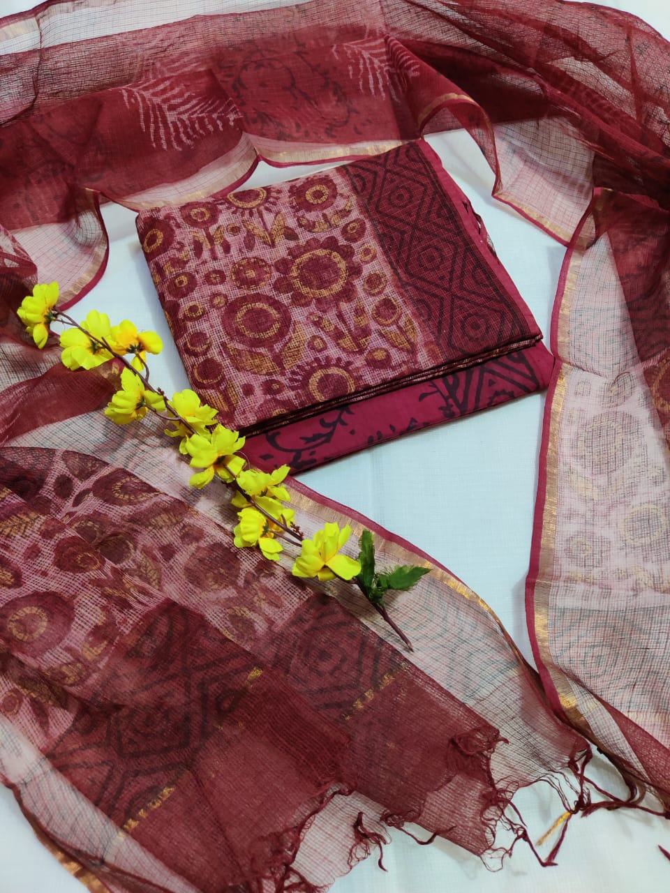 KD-HBPRINT-3PC-036: Hand Block Print Kota Doria Suit Set with Dupatta & Cotton Bottom – Traditional 3-Piece Suit