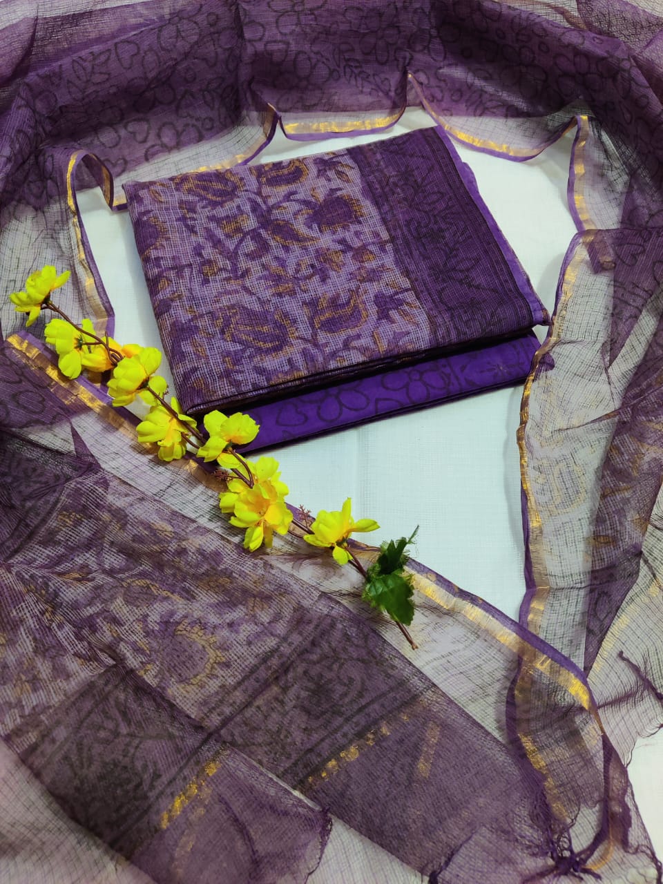 KD-HBPRINT-3PC-038: Hand Block Print Kota Doria Suit Set with Dupatta & Cotton Bottom – Traditional 3-Piece Suit