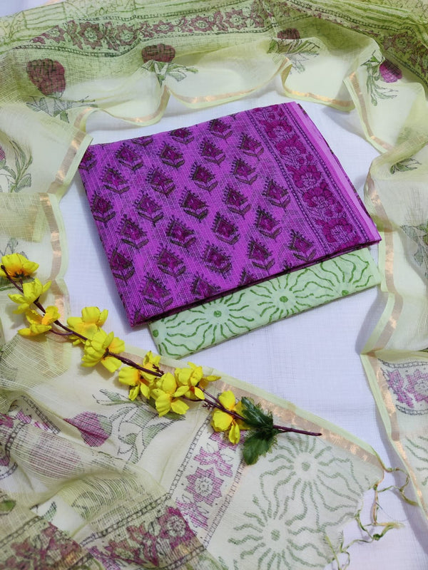 KD-HBPRINT-3PC-037: Hand Block Print Kota Doria Suit Set with Dupatta & Cotton Bottom – Traditional 3-Piece Suit