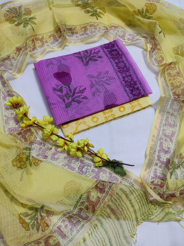 KD-HBPRINT-3PC-032: Hand Block Print Kota Doria Suit Set with Dupatta & Cotton Bottom – Traditional 3-Piece Suit