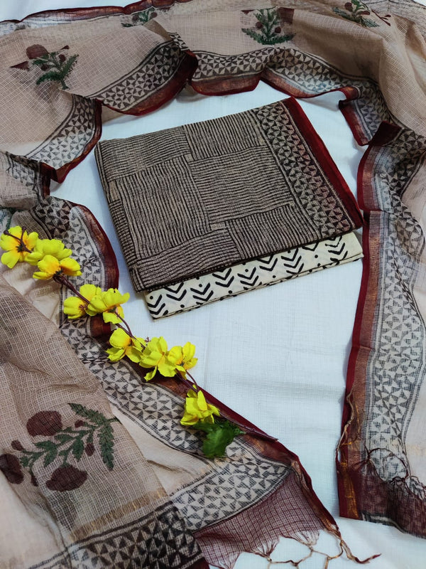 KD-HBPRINT-3PC-035: Hand Block Print Kota Doria Suit Set with Dupatta & Cotton Bottom – Traditional 3-Piece Suit