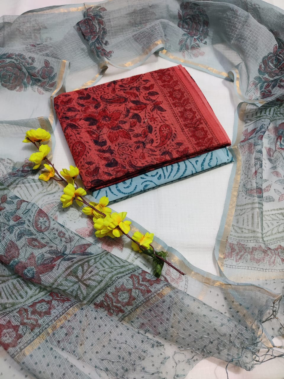 KD-HBPRINT-3PC-034: Hand Block Print Kota Doria Suit Set with Dupatta & Cotton Bottom – Traditional 3-Piece Suit