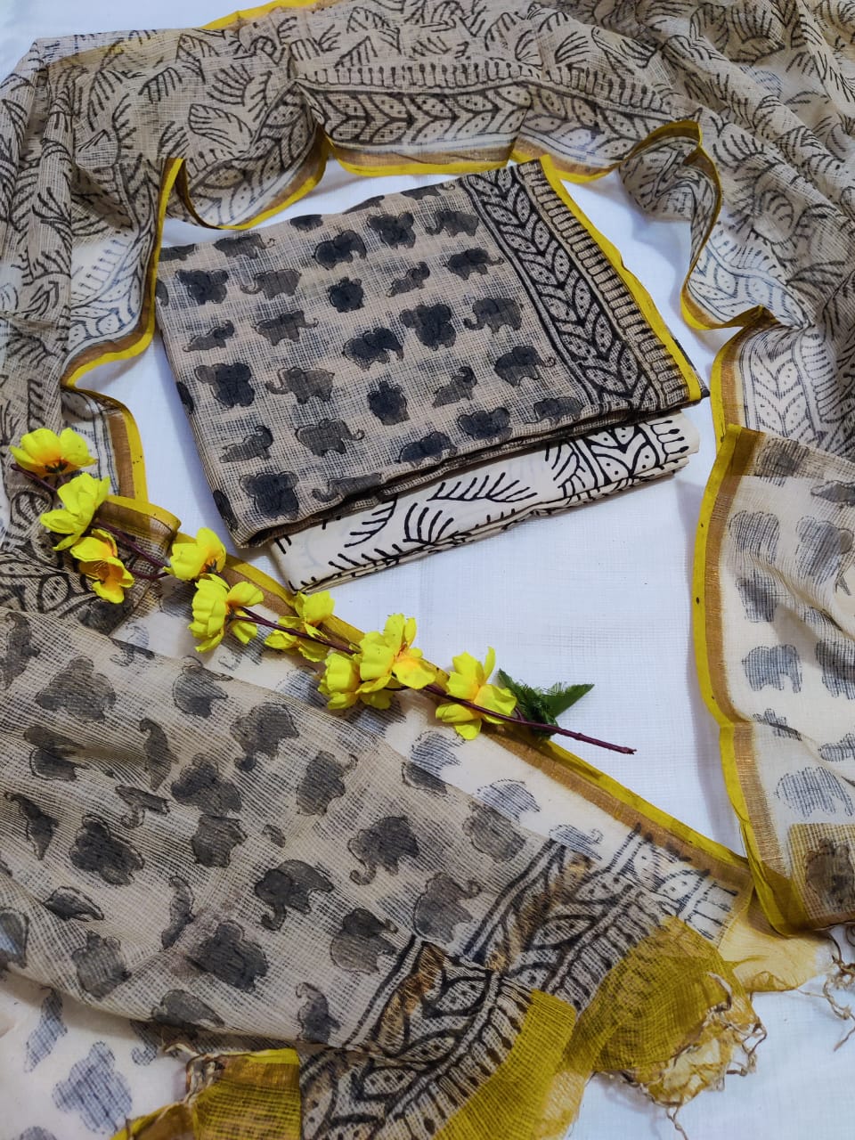 KD-HBPRINT-3PC-031: Hand Block Print Kota Doria Suit Set with Dupatta & Cotton Bottom – Traditional 3-Piece Suit