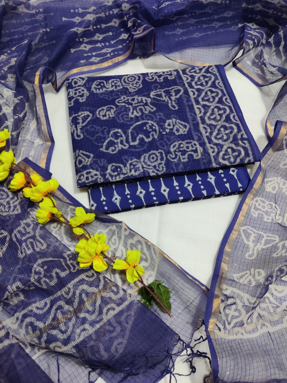 KD-HBPRINT-3PC-028: Hand Block Print Kota Doria Suit Set with Dupatta & Cotton Bottom – Traditional 3-Piece Suit