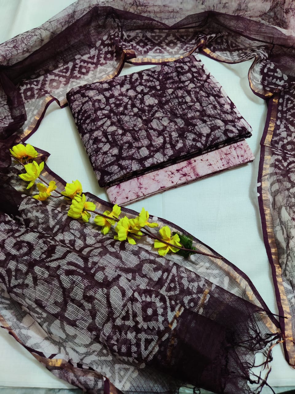 KD-HBPRINT-3PC-023: Hand Block Print Kota Doria Suit Set with Dupatta & Cotton Bottom – Traditional 3-Piece Suit