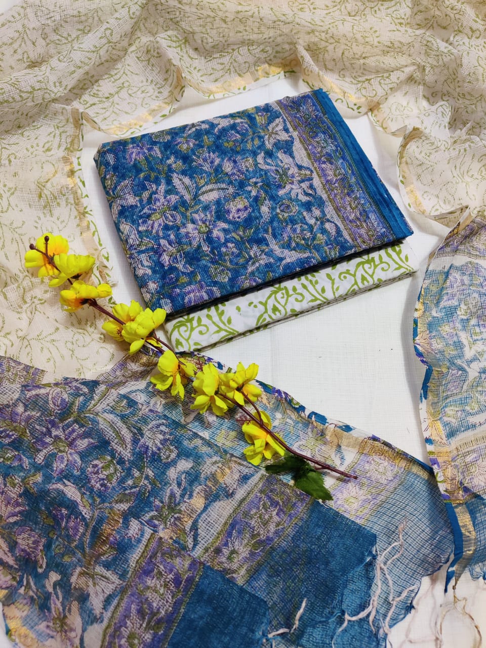 KD-HBPRINT-3PC-025: Hand Block Print Kota Doria Suit Set with Dupatta & Cotton Bottom – Traditional 3-Piece Suit