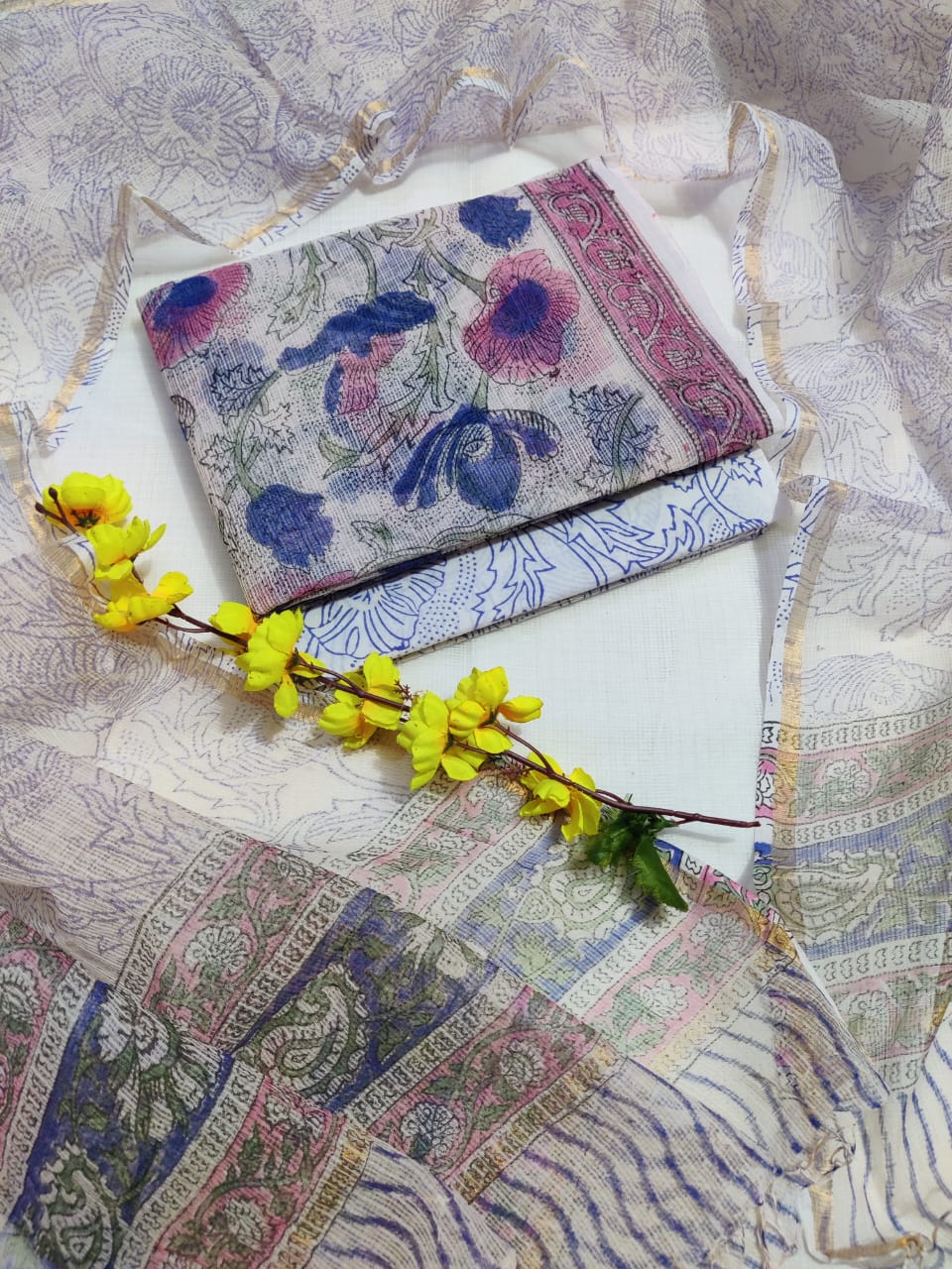 KD-HBPRINT-3PC-024: Hand Block Print Kota Doria Suit Set with Dupatta & Cotton Bottom – Traditional 3-Piece Suit