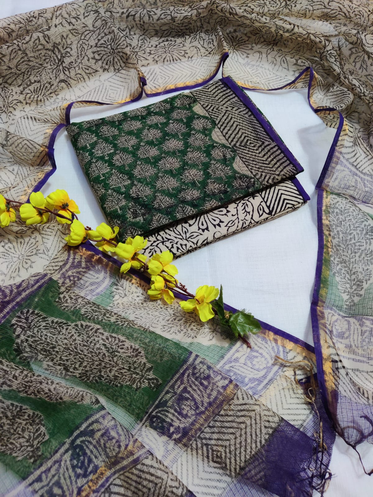 KD-HBPRINT-3PC-022: Hand Block Print Kota Doria Suit Set with Dupatta & Cotton Bottom – Traditional 3-Piece Suit