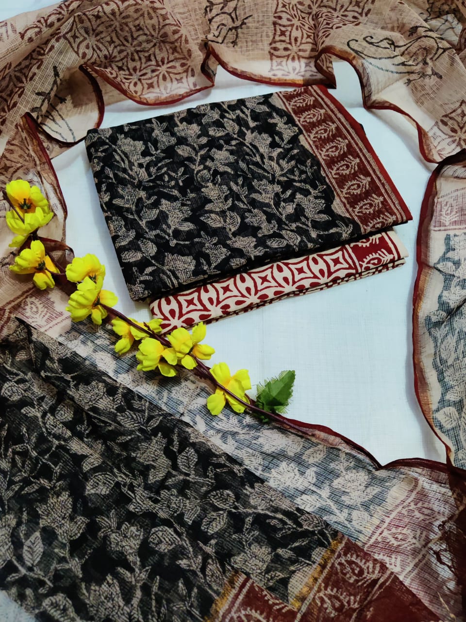 KD-HBPRINT-3PC-021: Hand Block Print Kota Doria Suit Set with Dupatta & Cotton Bottom – Traditional 3-Piece Suit