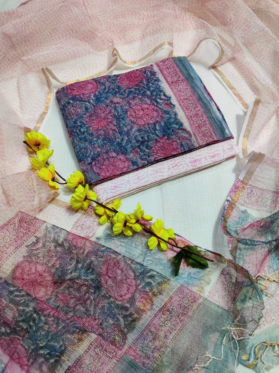 KD-HBPRINT-3PC-018: Hand Block Print Kota Doria Suit Set with Dupatta & Cotton Bottom – Traditional 3-Piece Suit