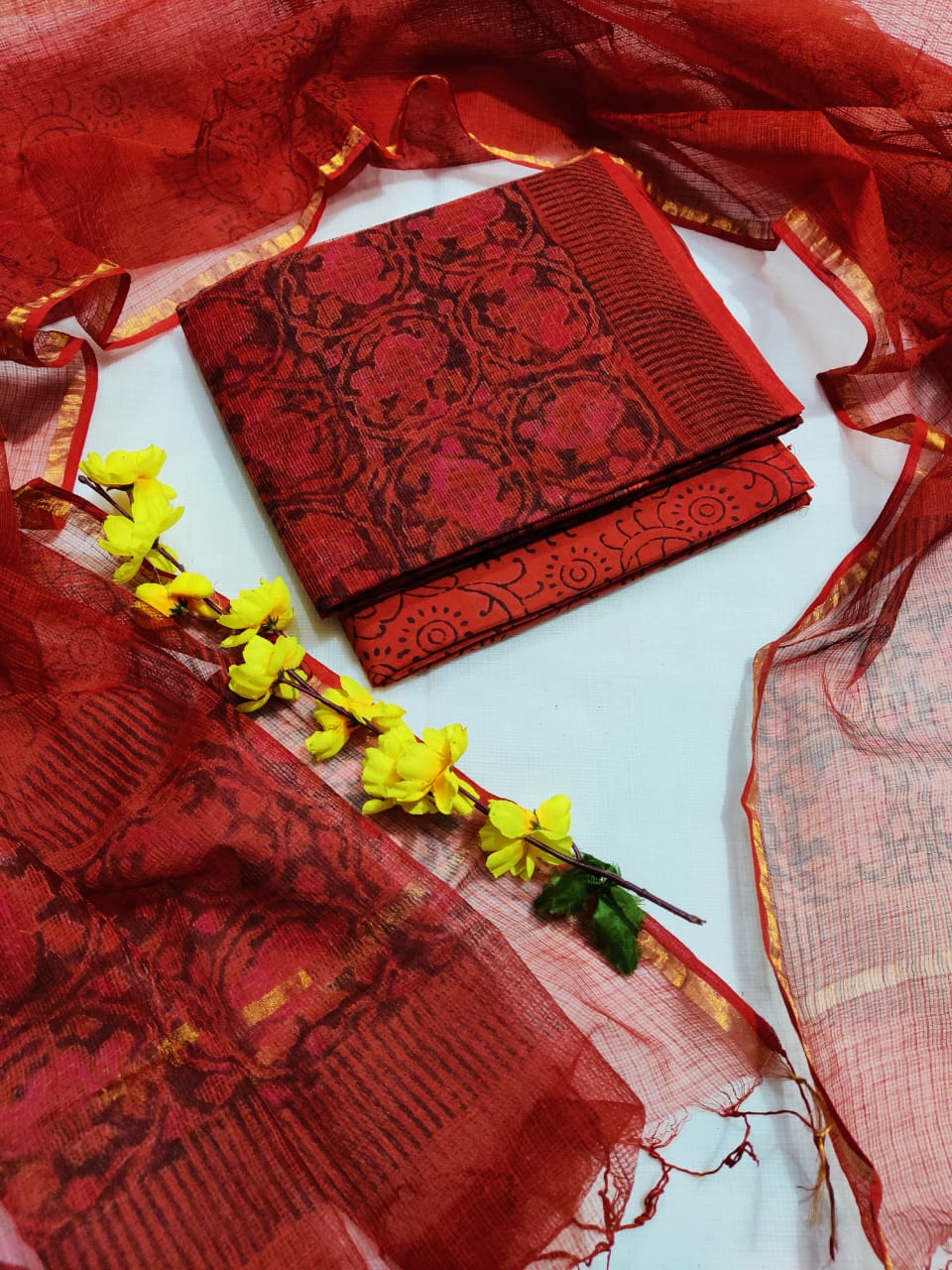 KD-HBPRINT-3PC-019: Hand Block Print Kota Doria Suit Set with Dupatta & Cotton Bottom – Traditional 3-Piece Suit