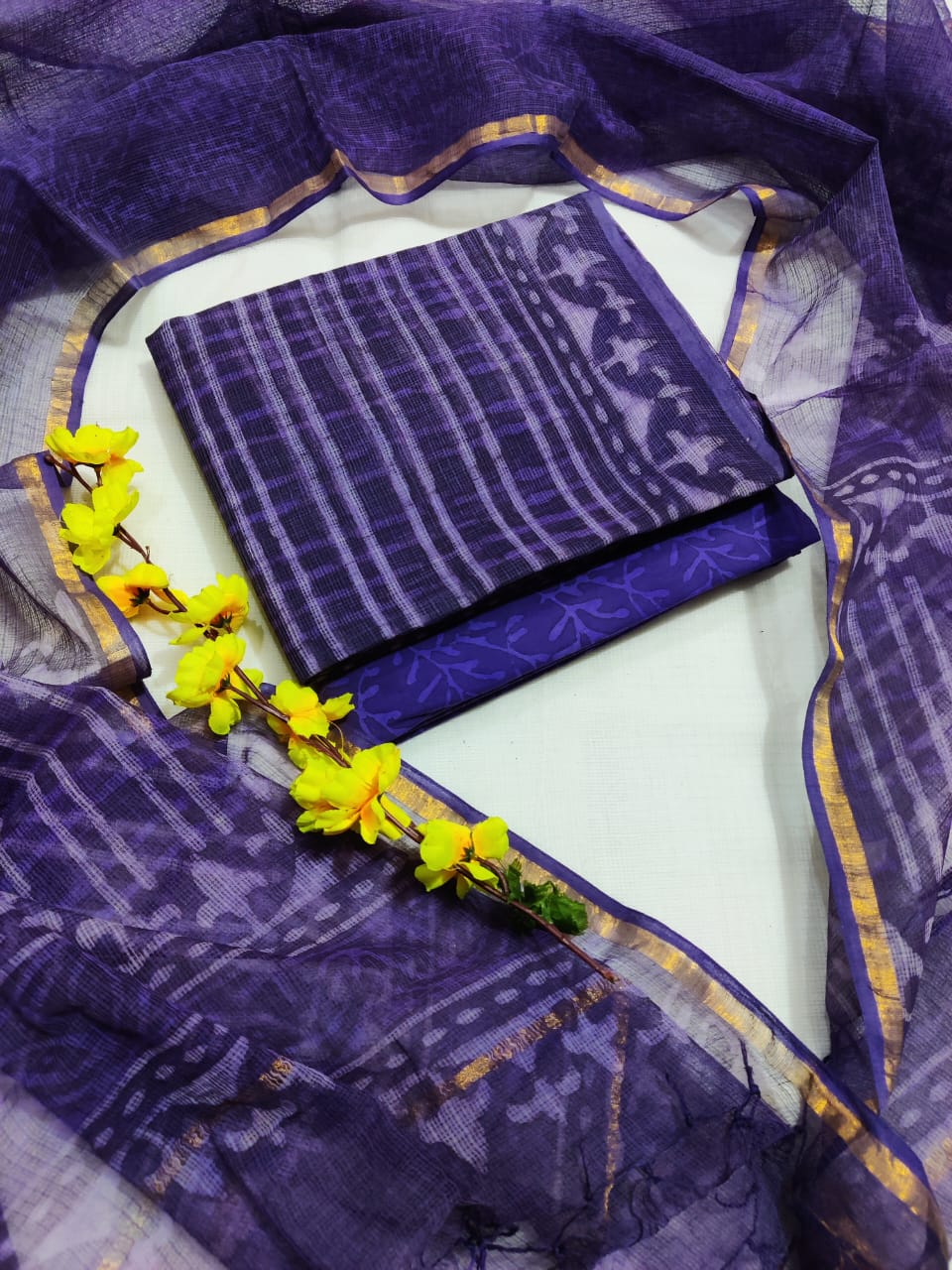 KD-HBPRINT-3PC-017: Hand Block Print Kota Doria Suit Set with Dupatta & Cotton Bottom – Traditional 3-Piece Suit